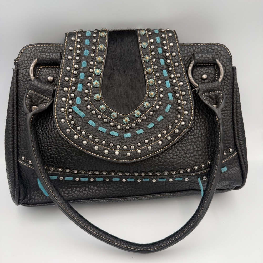 Western Studded Turquoise Boho Satchel Faux Leather Rodeo Purse Black Large
